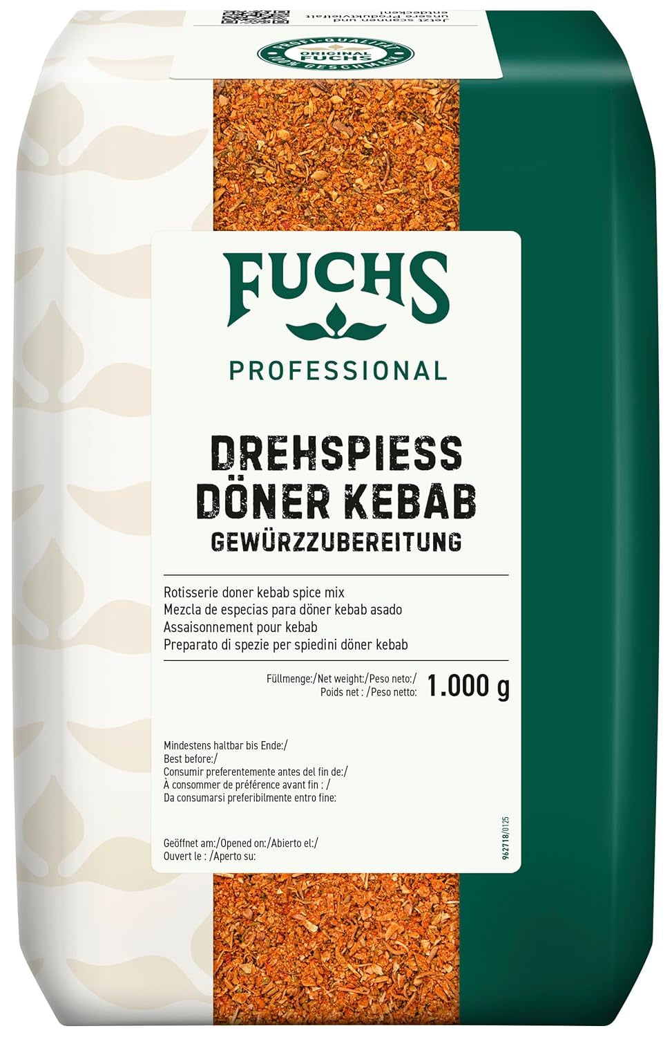 Fuchs Professional - Drehspiess Döner Kebab Gewürzzubereitung | Gewürz für den typischen-Döner Gesmack | Profi-Qualität für Großverbraucher und Gastronomie | 1 kg v recyklovatelném pytli