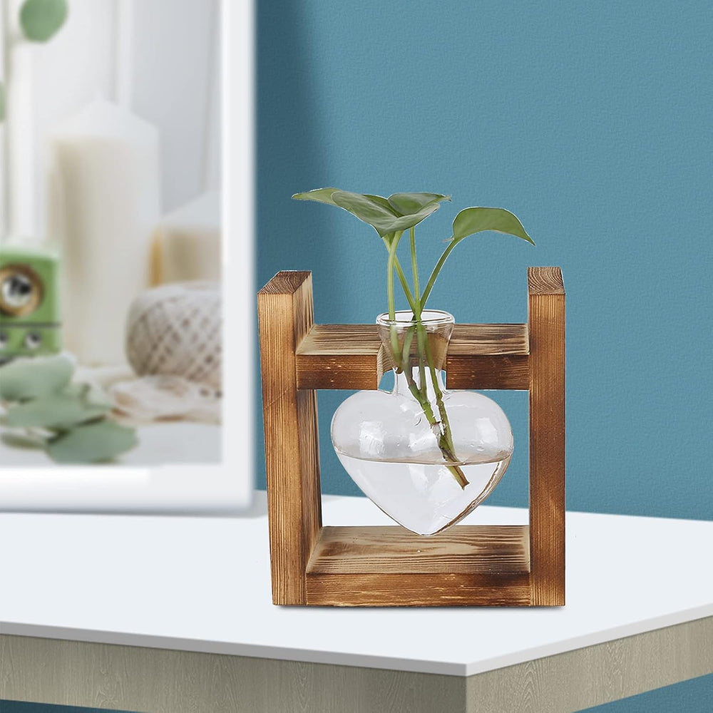Dřevěné stojanové rostlinné terárium, stolní váza ve tvaru srdce, hydroponické rostliny z čirého skla pro domácí zahradní dekorace, hydroponické květinové dekorace pro kancelář, obývací pokoj, kuchyň (A)