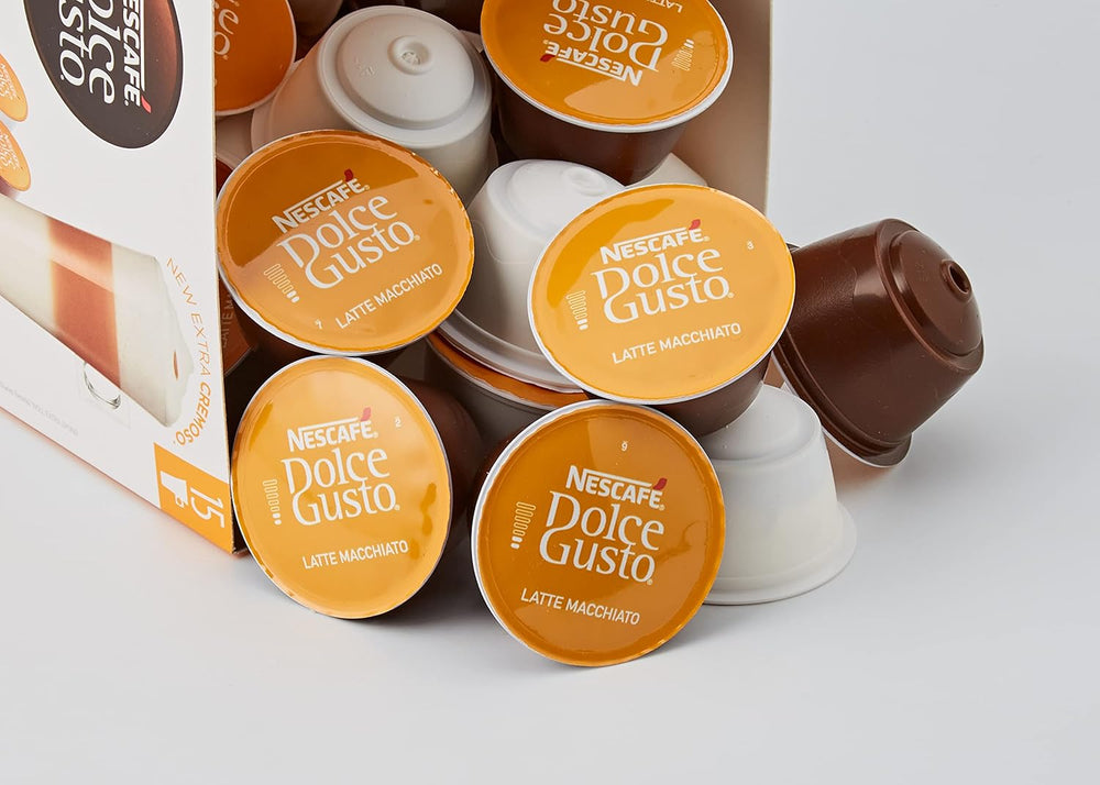 NESCAFÉ Dolce Gusto Latte Macchiato Vorratsbox 90 Kaffeekapseln & Flat White, 48 Kaffeekapseln, Arabica und Robusta Bohnen