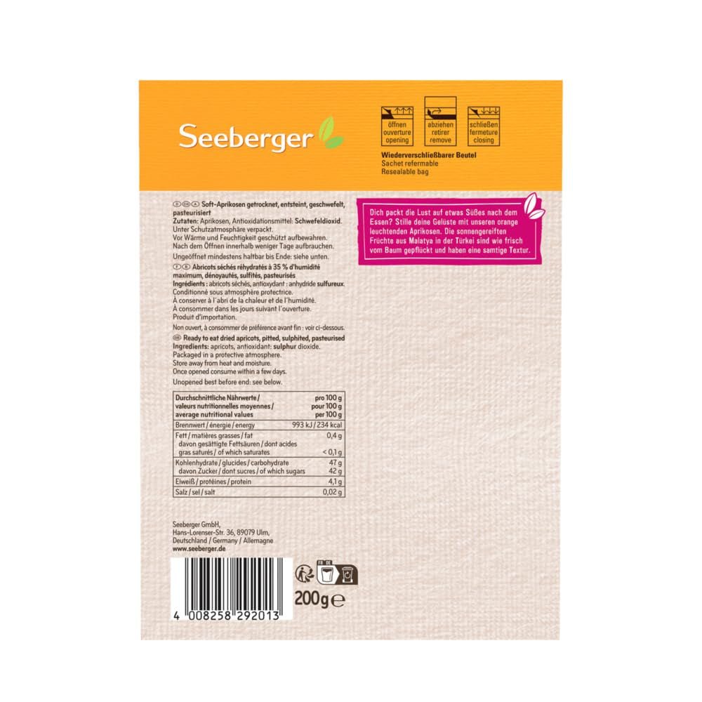 Caise moi Seeberger: Caise delicios de moi și suculente - textură dulce și catifelată - fără zahăr adăugat - uscate - fără sâmburi, vegane (1 x 200 g) Produse deshidratate Naty Shop