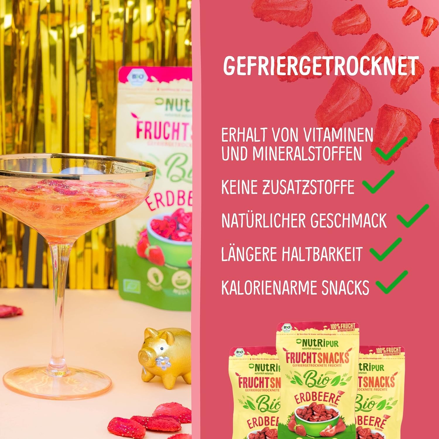 Căpșuni organice liofilizate: 70g căpșuni uscate pentru smoothie bowls, muesli, toppinguri pentru terci - fructe de pădure liofilizate fără zahăr adăugat - căpșuni liofilizate - fructe NutriPur Produse deshidratate Naty Shop