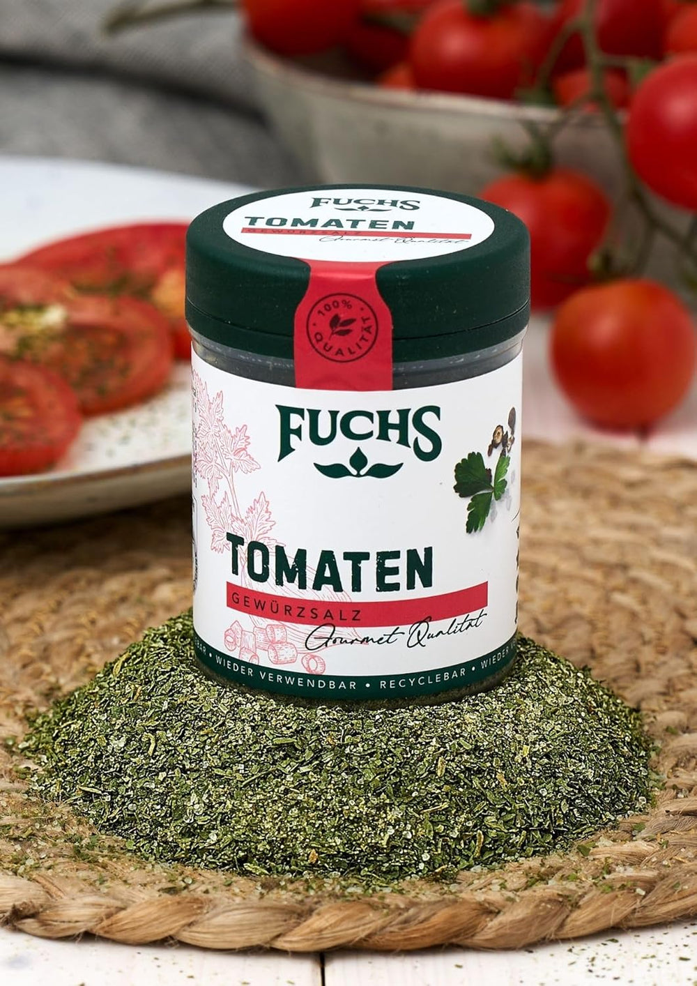 Fuchs Gewürze - Tomato Gewürz - Gewürzsalz für Tomatenbrot, Frühstücksei nebo Steak - přírodní ingredience - 90 g v wiederverwendbarer, recyclebarer Dávka