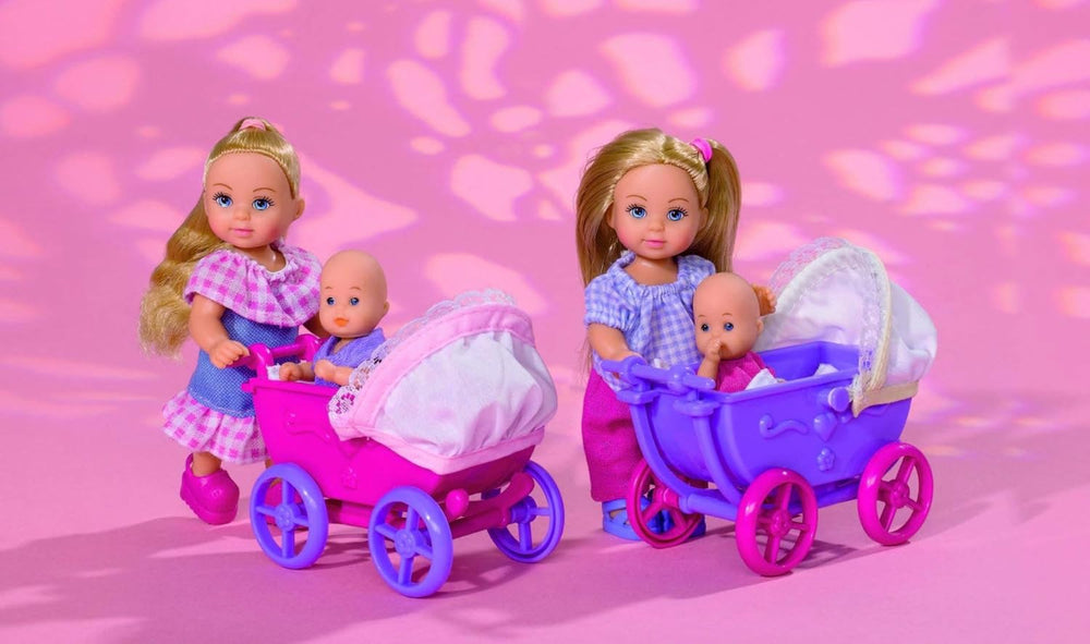 Simba 105736241 - Evi Love Doll Walk, 2-sort., Evi Puppe mit Babypuppe, mit Puppenwagen, inklusive Zubehör, Ankleidepuppe, 12cm, für Kinder ab 3 Jahren