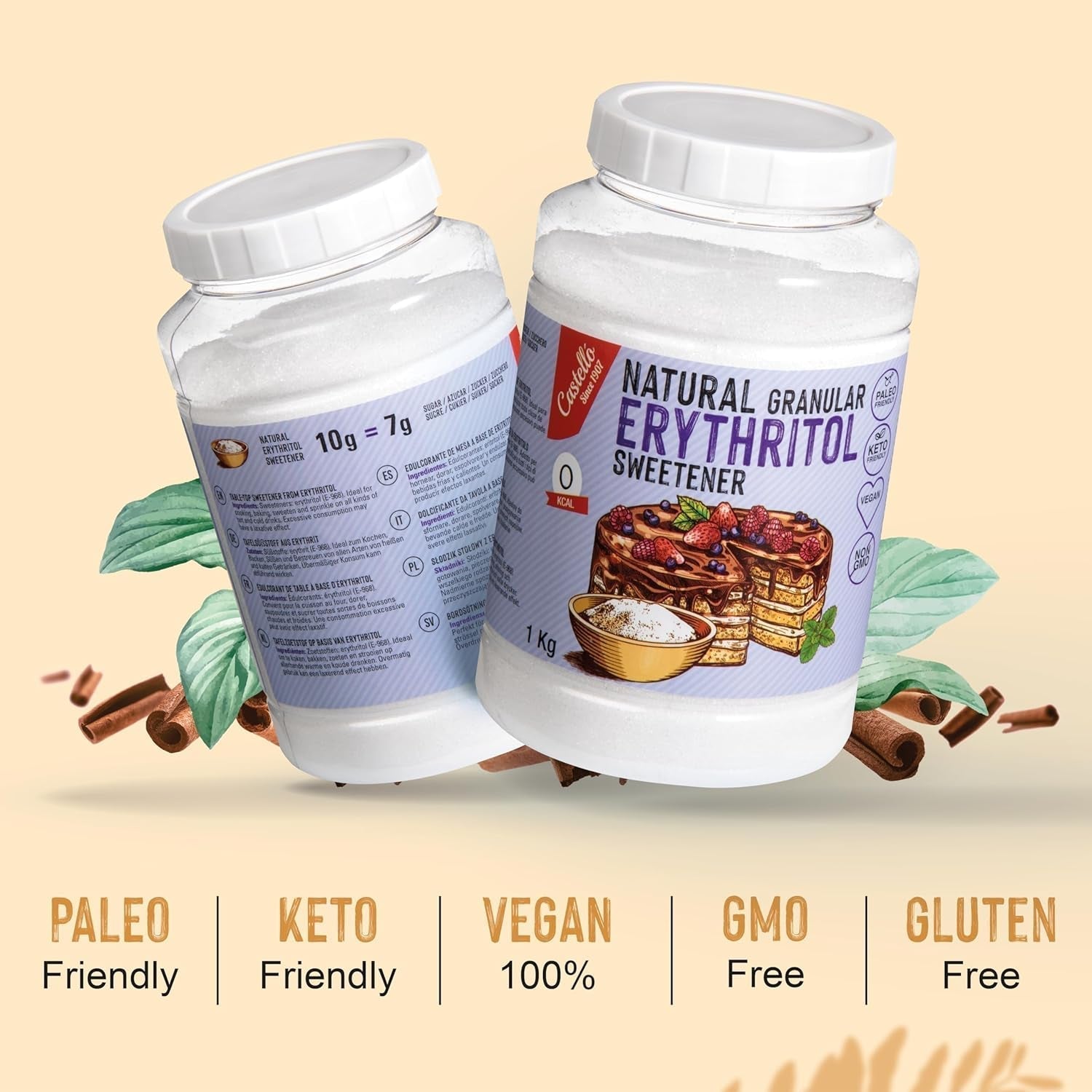 Natürliches Erythrit - Kristallzucker | 10G = 7G Zucker | Natürlicher Zuckerersatz - 0 kalorií - 0 Glykämischer Index - Keto Und Paleo - 0 Netto-Kohlenhydrát - Kein GVO - Castello od roku 1907-1 kg Sladidla Naty Shop