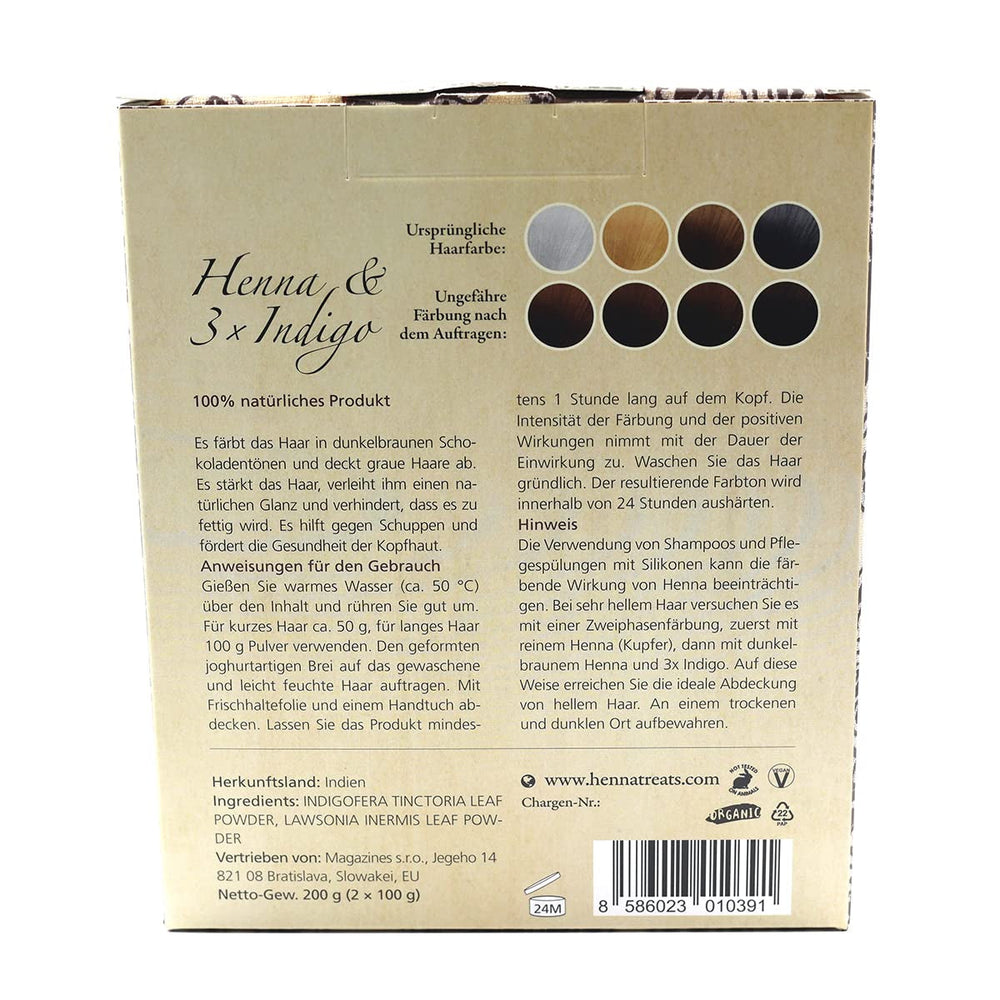 Henna & 3×Indigo - Castaniu închis - Culoarea naturală a părului - Pulbere - 200g Vopsea pentru par Naty Shop