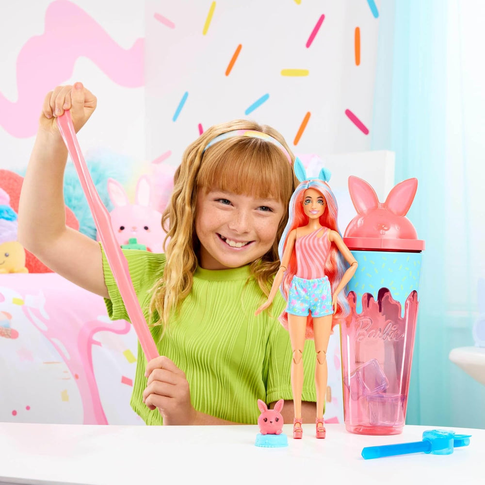 Set Barbie Pop Reveal cu păpușă și accesorii, seria Shakes, păpușă la modă pisoi parfumată drăguță și animal de companie, cu 8 surprize, inclusiv schimbarea culorii, JCN87