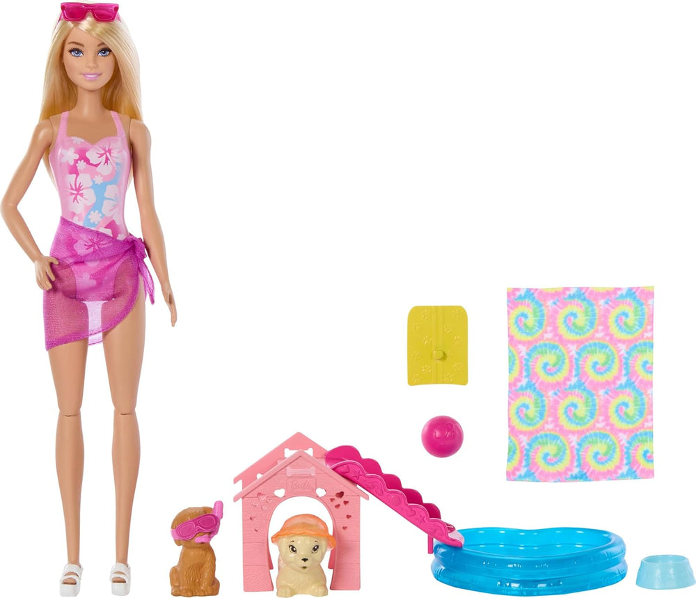 Set de joacă Barbie Puppy Pool Party cu păpușă la modă, căsuță pentru câini și tobogan, piscină în formă de inimă, 2 figurine câini, 6 accesorii și schimbător de culoare, JBF35