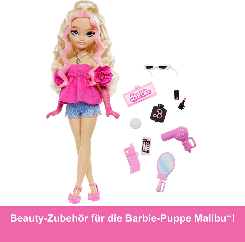 Barbie Dream Besties Puppe und Accessoires, bewegliche Barbie Malibu“ Modepuppe mit welligem blonden Haar, 11 Teile zum Thema Make-up und Haare, HYC21
