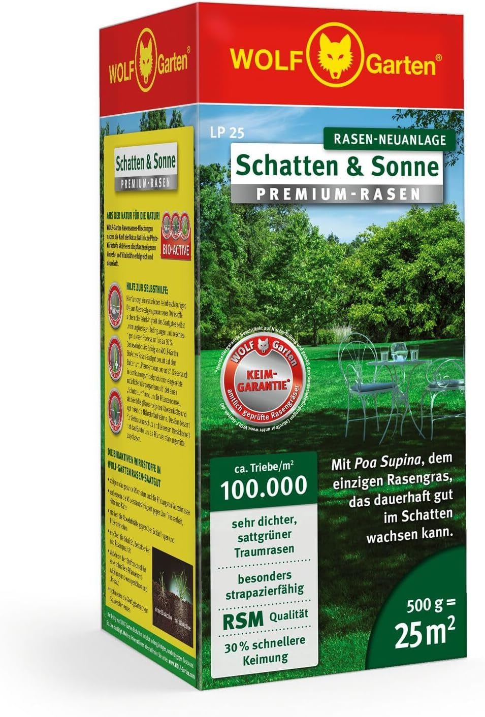 Wolf-Garten „Schatten & Sonne“ Premium-Rasen LP 50 (Für 50 M², Sehr Hohe Dichte Mit Ca. 100.000 Trieben/M2, Besonders Strapazierfähig, Hohe Schattenverträglichkeit, 1Kg Faltschachtel) 3820031