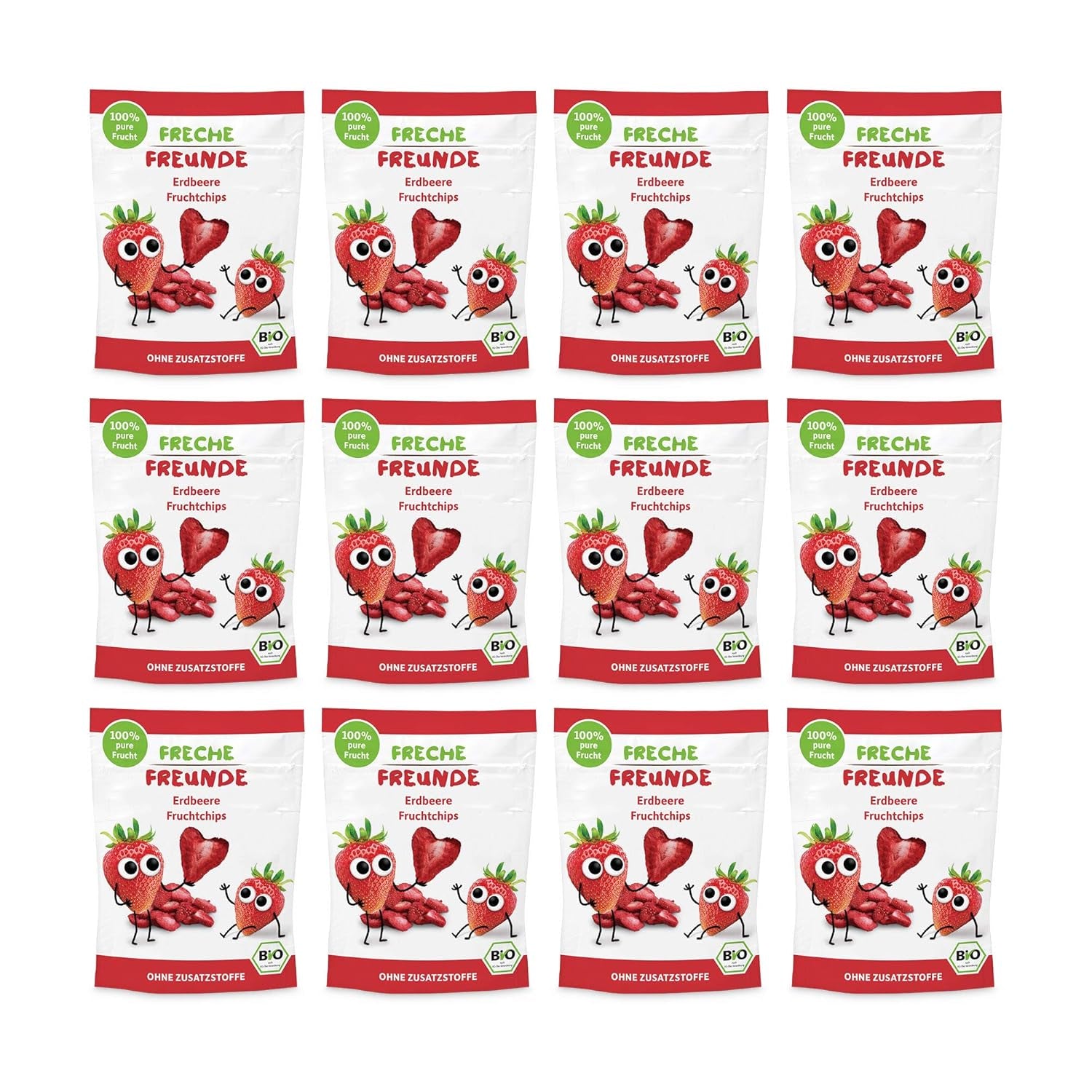 100% jahodové bio ovocné chipsy Mrazem sušené jahodové chipsy Balení po 12 kusech (12 x 12 g) a křupavé srdce Banán & jahoda bio svačina pro děti a miminko (9 x 30 g) 270 g