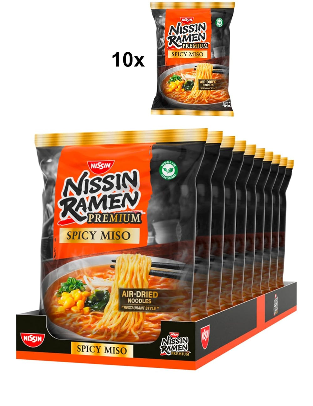 Nissin Ramen Premium - Miso pikantní 10 balení instantních nudlí japonského stylu sušených na vzduchu pro Ramen ve stylu restaurace s jemně pikantní příchutí miso a wakame vloček (10 x 90,7 g)