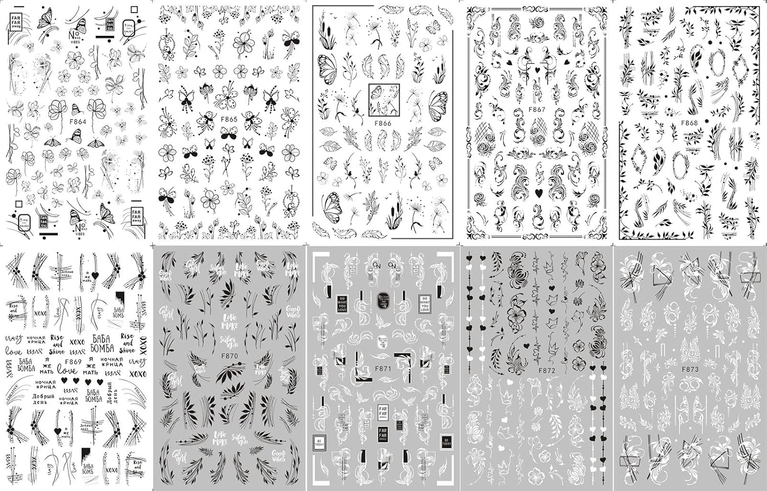 JMEOWIO Nagelsticker Blumen 10 Blatt Nagelaufkleber Selbstklebend Black White Blossom Nail Art Sticker Dekoration Nageldesign Zubehör