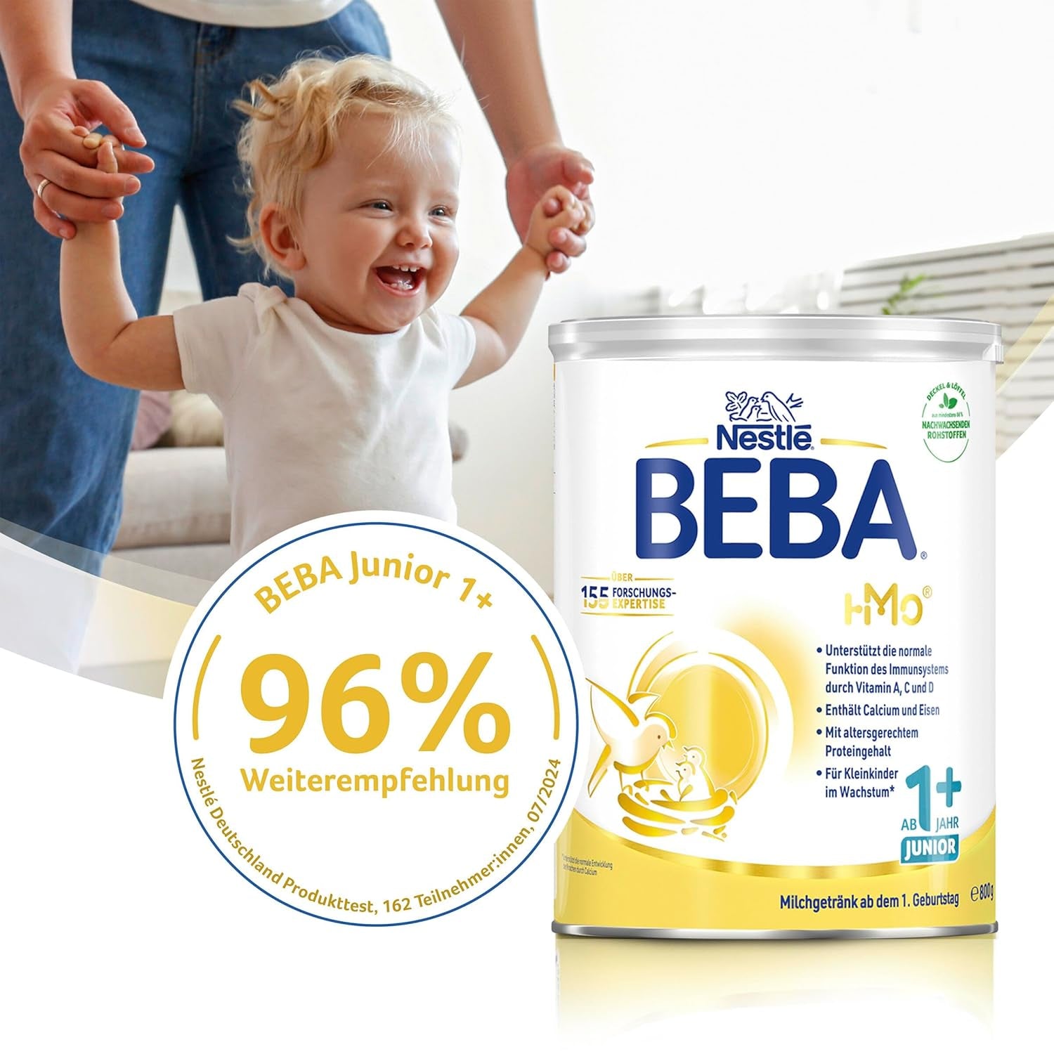 BEBA Junior 1+ mléčný nápoj od 1 roku, S HMO, Obsah bílkovin odpovídající věku, Pouze laktóza, Bez palmového oleje, Bez rybího tuku, Výživa pro batolata, Sušené dětské mléko, Balení 6 ks (6 x 800 g)