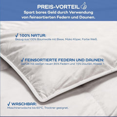Allnights - Plapumă confortabilă ușoară, 135X200, 100% pene noi și puf, potrivită pentru alergici, lavabilă până la 60°C, fabricată în Germania Plapumi si pilote Naty Shop