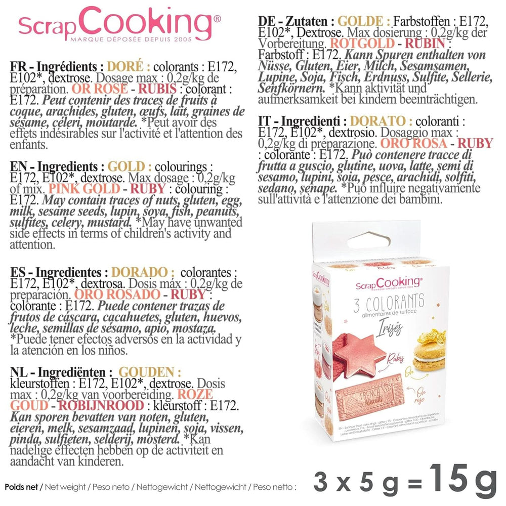 ScrapCooking, sada 3 potravinářských barviv, zlatá, růžovo-zlatá a rubínová, metalické odstíny, 3 x 5 gramů Naty Shop