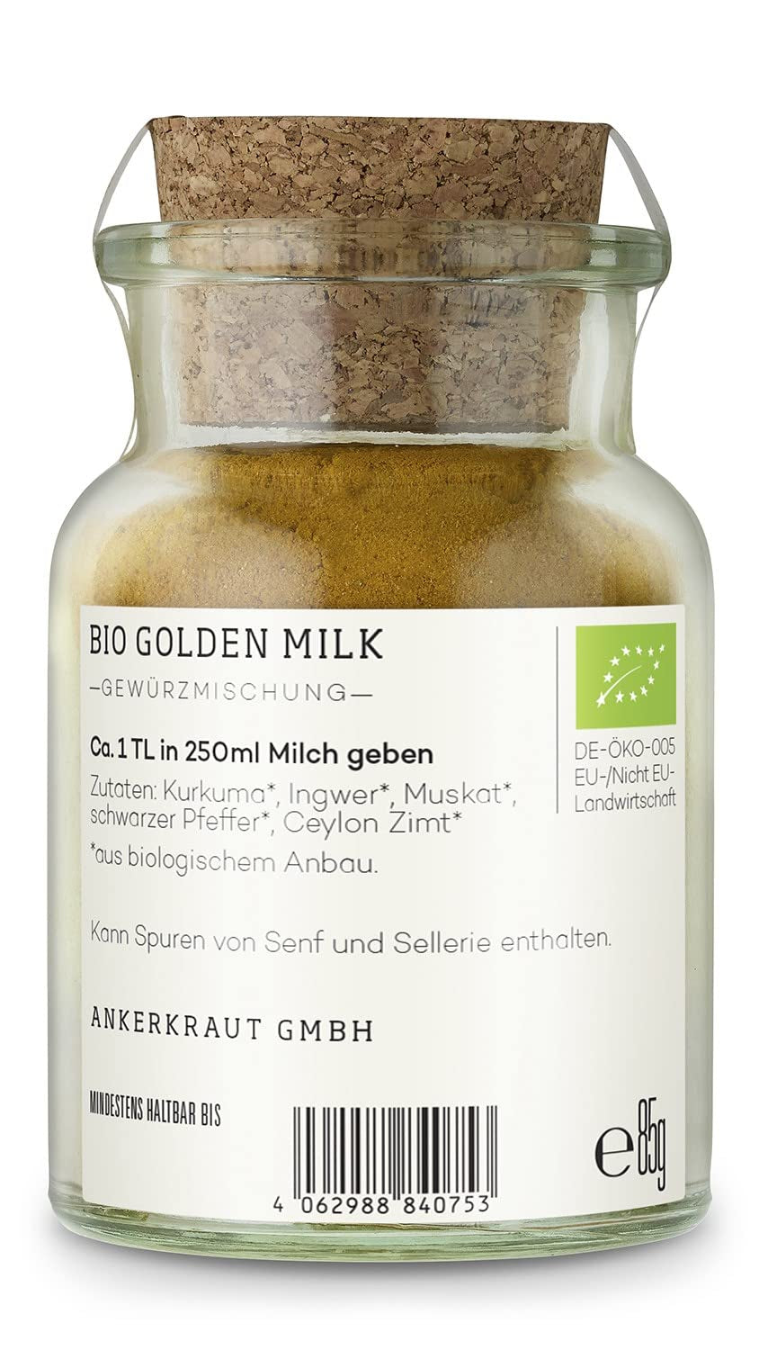 Ankerkraut Bio Golden Milk, Gewürz für goldene Milch, s kurkumou, Zimt a Ingwer, 75 g v korkové sklenici