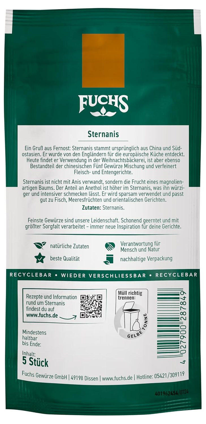 Fuchs Gewürze - Sternanis ganz | Aus natürliche Ingredient | 9g znovu uzavíratelný, recyklovatelný sáček