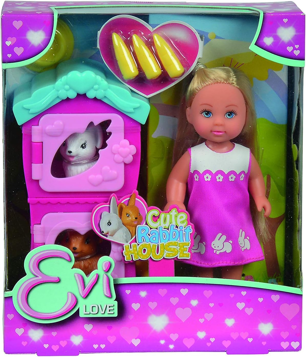 Simba 105733041 - Evi Love Puppy Love, cu TREI căței, cu coșuleț pentru câini și accesorii, păpușă de modă, 12 cm, pentru copii cu vârsta de 3 ani și peste