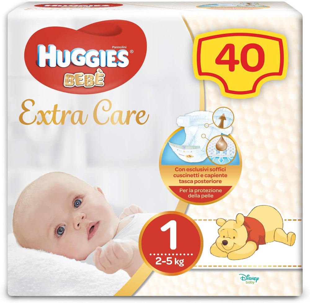 Plenky Huggies Extra Care pro miminka, velikost 1 (2-5 kg), Super absorpční, Full Protection, Disney Design, 40 ks.