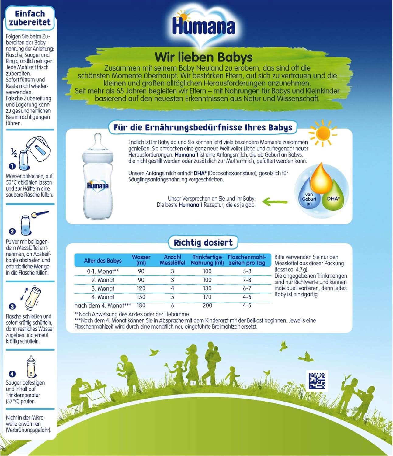 Humana Initial Milk 1, od narození, sušené mléko pro kojenecké mléko, kromě mateřského mléka nebo jako jediná výživa pro kojence, počáteční příkrm pouze s DHA a laktózou, 750 g Mother and Child Naty Shop