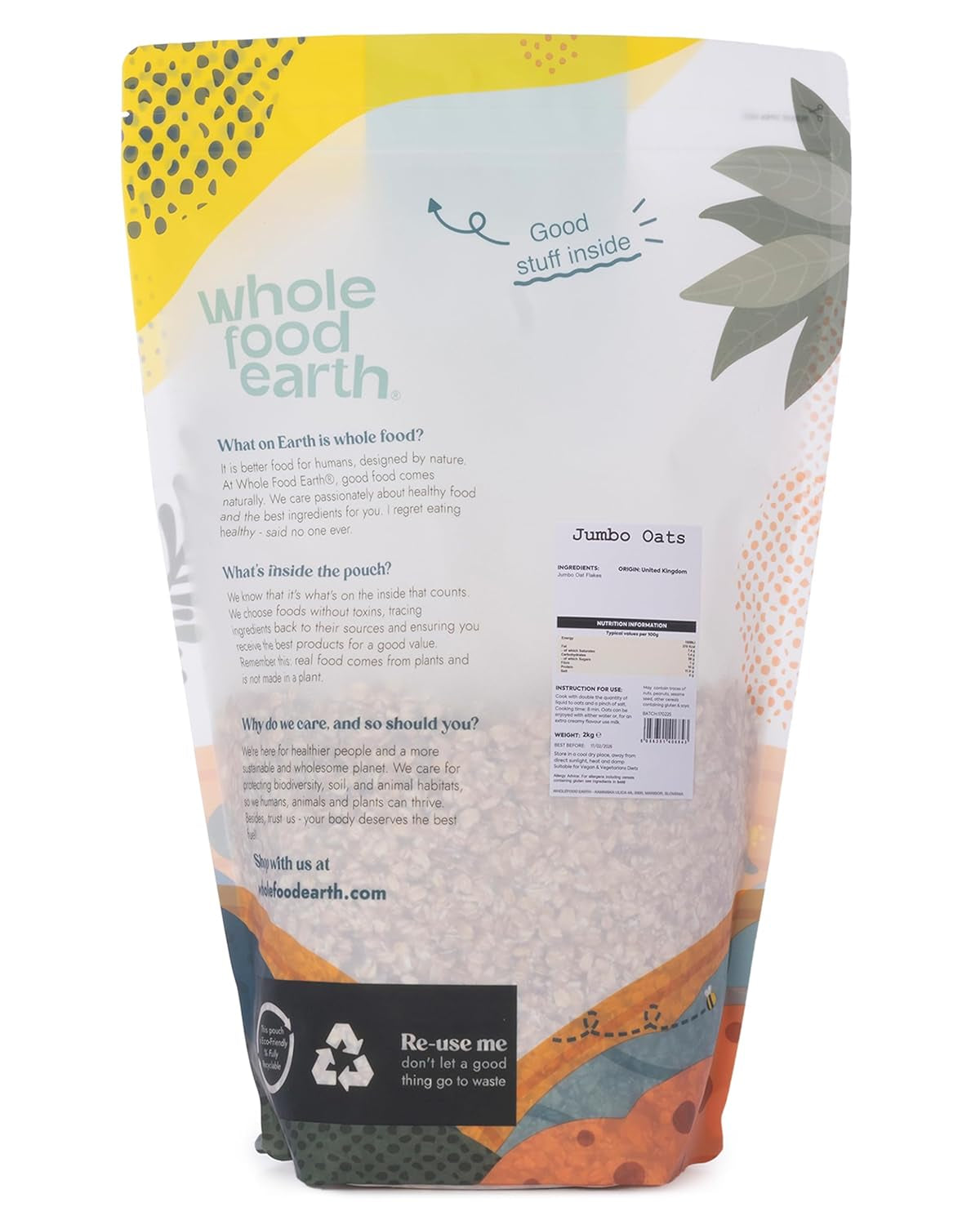 Wholefood Earth Jumbo Oatmeal - GMO free - vegan - bez mléčných výrobků - bez přidaného cukru 2 kg