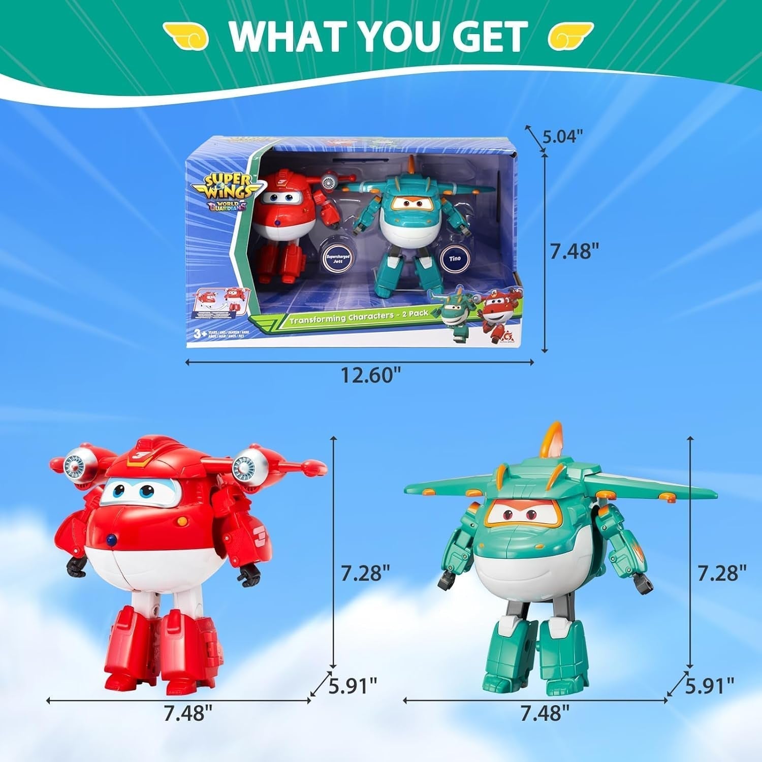 Super Wings 5" Transforming Characters 2-Pack Transforming Supercharged Jett + Tino, jucărie Transformer pentru băieți și fete de peste 3 ani, roșu Action figures Naty Shop