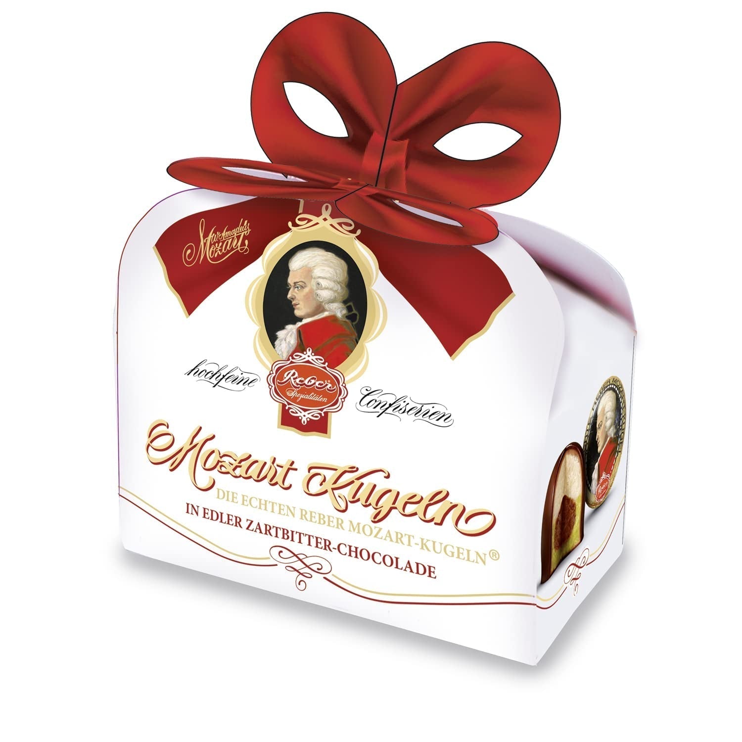 Reber, Mozart - bile, pungă de 5, bile Mozart din ciocolată neagră, umplute cu marțipan, 100 grame Bomboane de Ciocolata Naty Shop 40 grame
