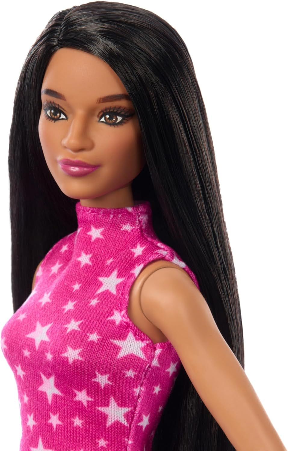 Păpușa Barbie Fashionistas nr. 215 cu păr negru drept, top roz cu model în formă de stea și fustă iridescentă, păpușă de modă de colecționat cu ocazia celei de-a 65-a aniversări, HRH13 Papusi Naty Shop