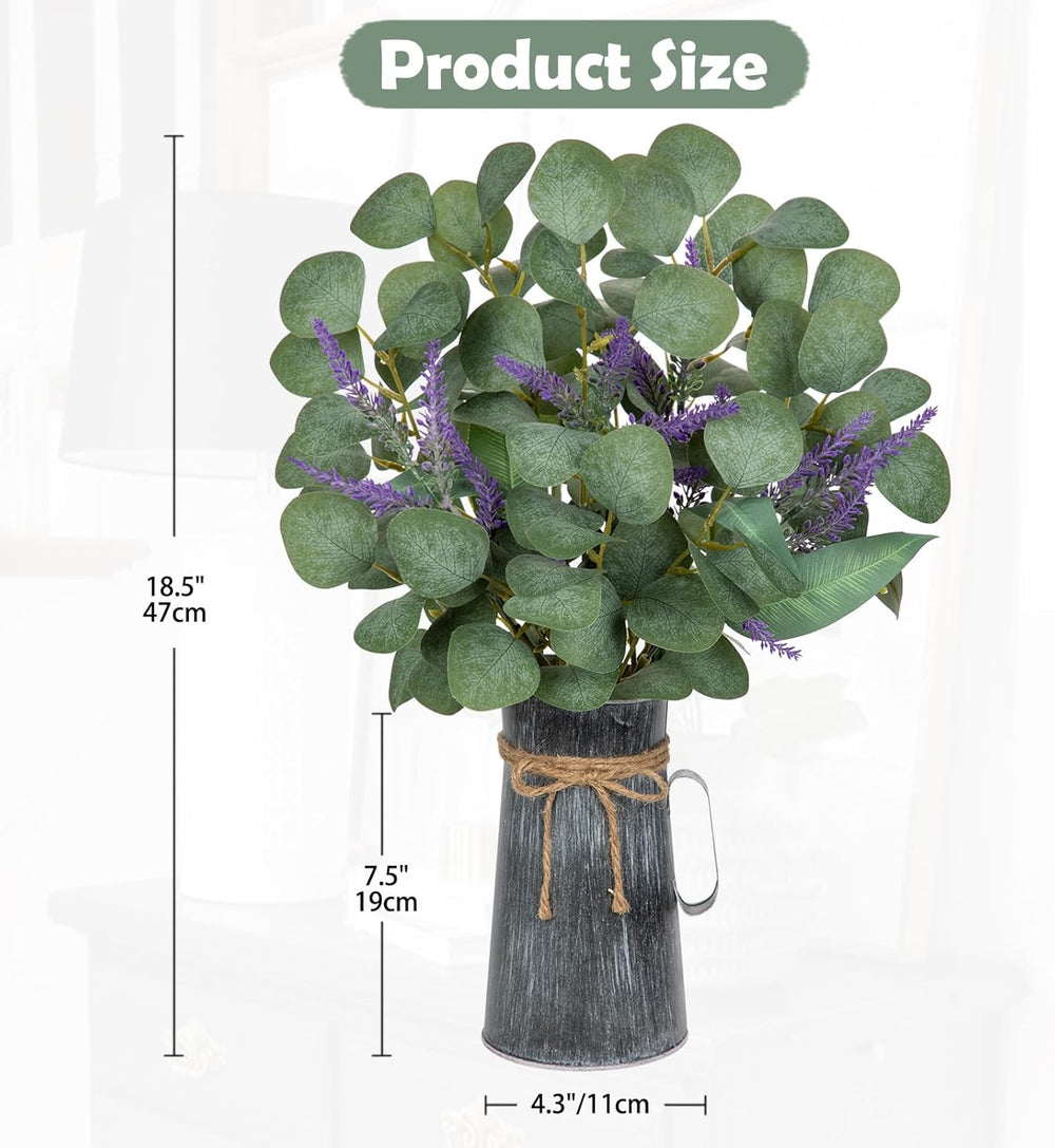 Hollyone Kunstpflanze Eukalyptus in Rustikalen Metall Vase, 45Cm Zimmerpflanzen Künstliche Eukalyptus Mit Lavendel Dekopflanzen Für Bauernhof Haus Hochzeit Tisch Centerpiece Deko