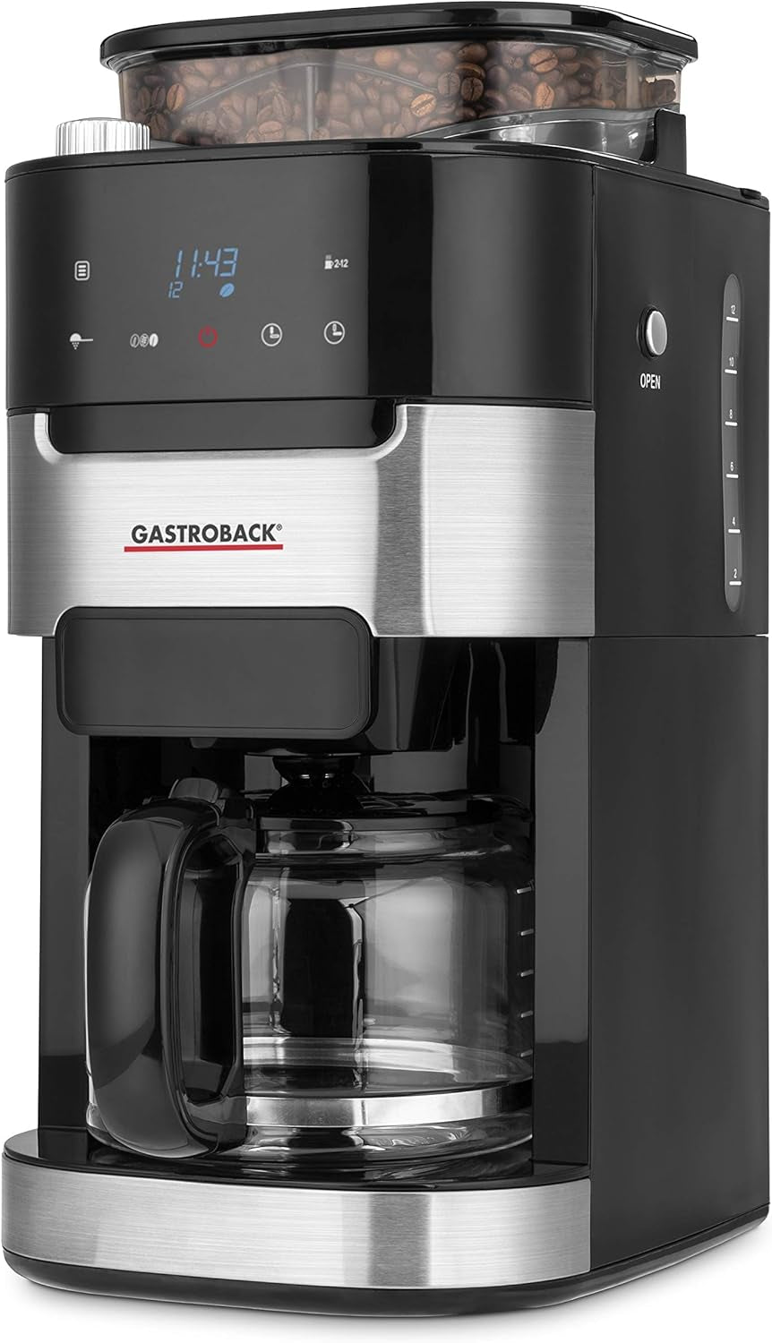 GASTROBACK 42711 Grind & Brew Pro Espressor de cafea, Espressor de cafea cu filtru și râșniță integrată, Râșniță conică cu 8 setări de măcinare, Ecran LCD tactil, Plastic