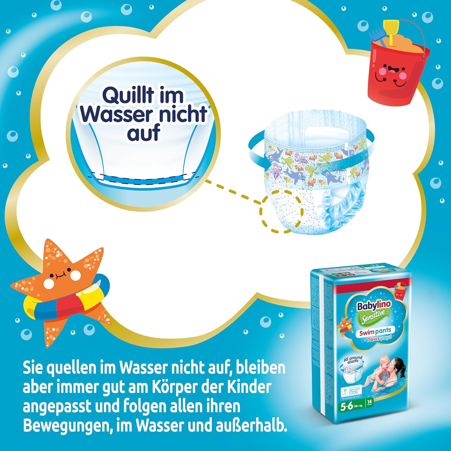 Plenky Sensitive Swim Pants, na moře a bazén, velikost 5-6 (nad 14 kg), 84 kusů