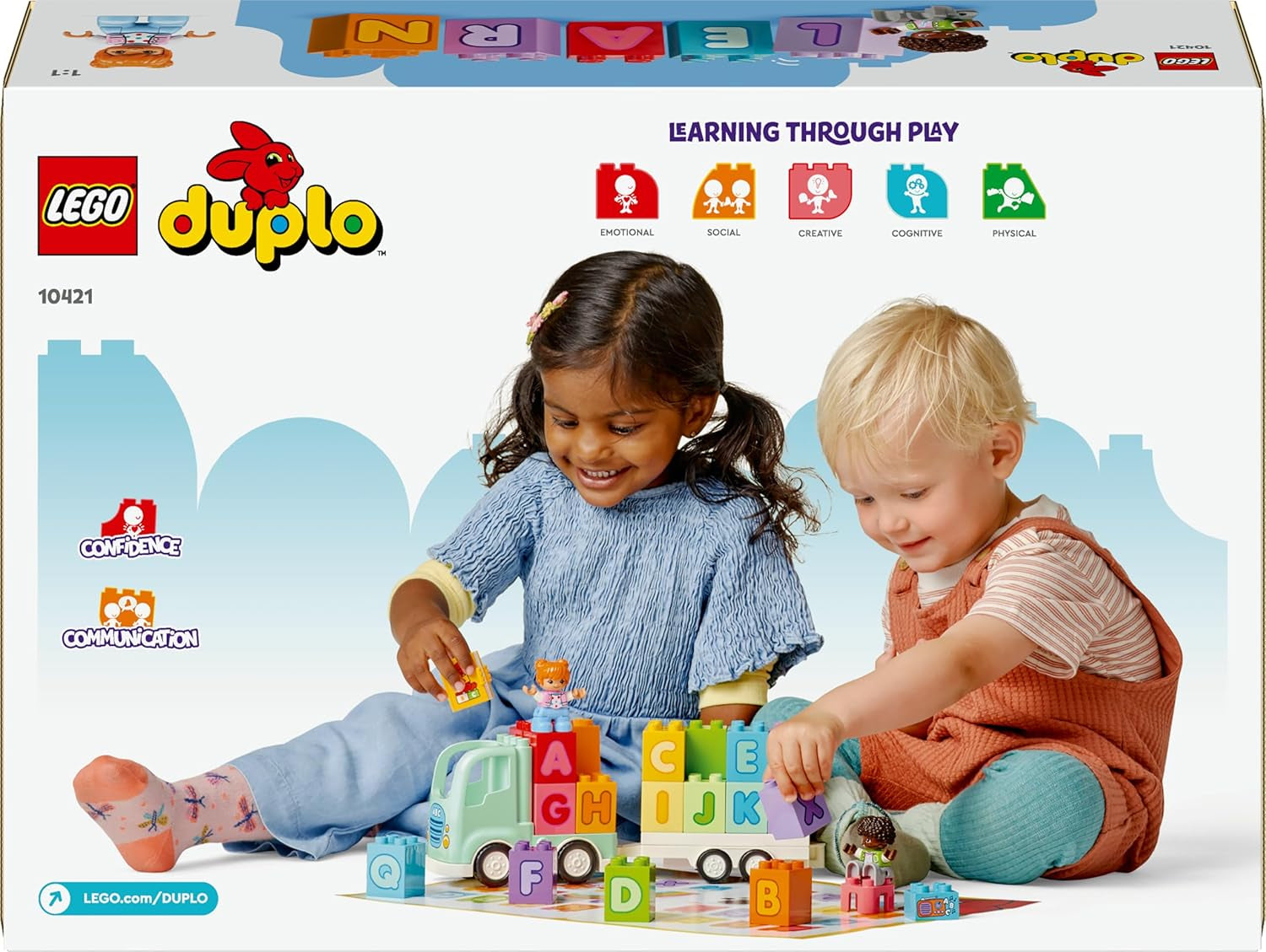LEGO DUPLO Town ABC Truck, Lernspielzeug für Kleinkinder ab 2 Jahren, ABC-LKW-Spielzeug mit Anhänger und Buchstaben-Steinen, plus Figuren eines Jungen und eines Mädchen, Geschenk für Kinder 10421