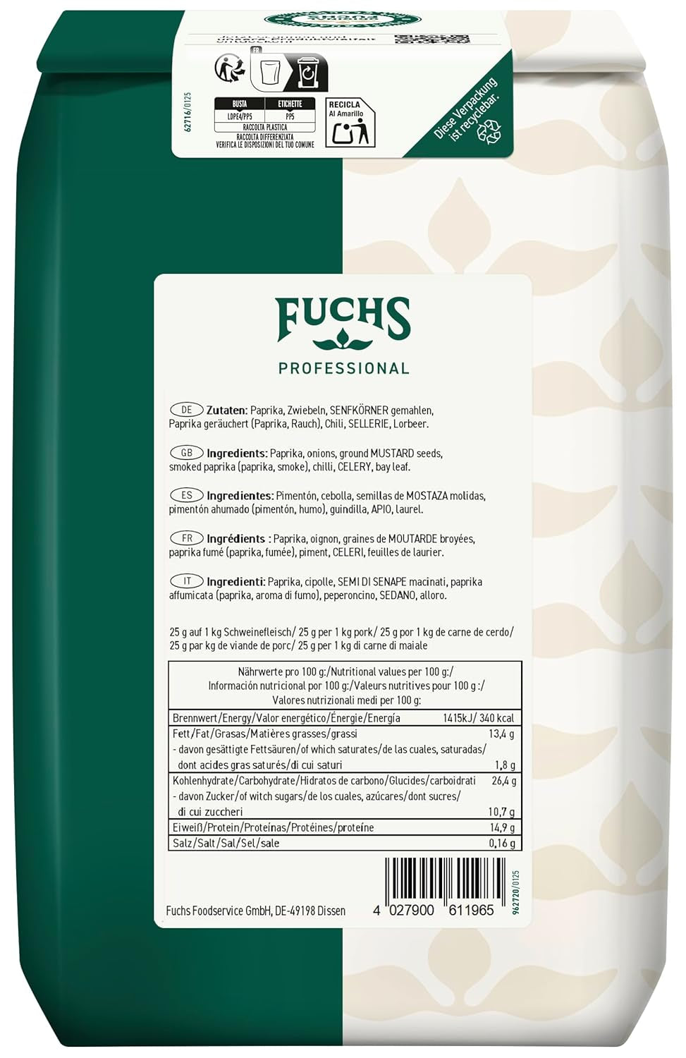 Fuchs Professional - Schaschlik Gewürzmischung | Zum Würzen/Marinieren von gebratenem nebo gegrillten Fleisch | Profi-Qualität für Großverbraucher | 1 kg v recyklovatelném pytli