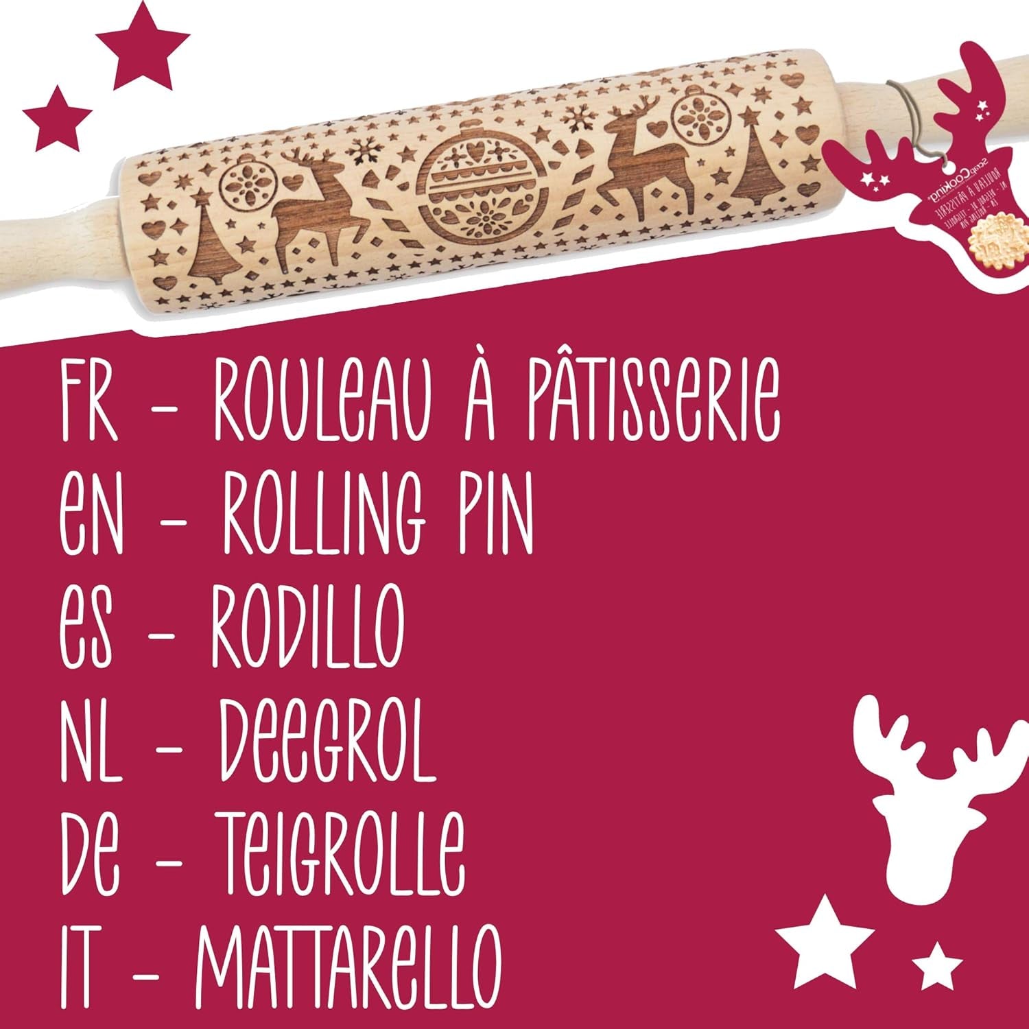 Vaření šrotu Teigrolle aus Holz "Xmas" mit weihnachtlichen Motiven – Prägerolle mit gepfragten Verzierungen für Kekse – dekorativní Zubehör – 5242