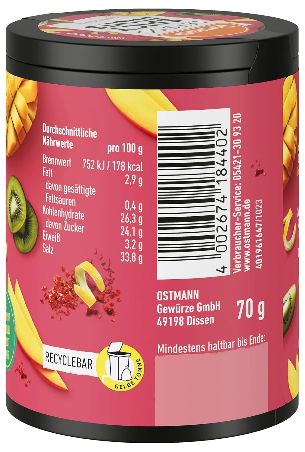 Ostmann Gewürze - Pojďme udělat pikantní ovoce | Würzmischung für süßes Obst vytvořil Lalaleluu | scharfes Obst-Topping s chilli und Pfeffer, lecker auf Apfel nebo Mango | 70 g v Metalldose Recyclebar