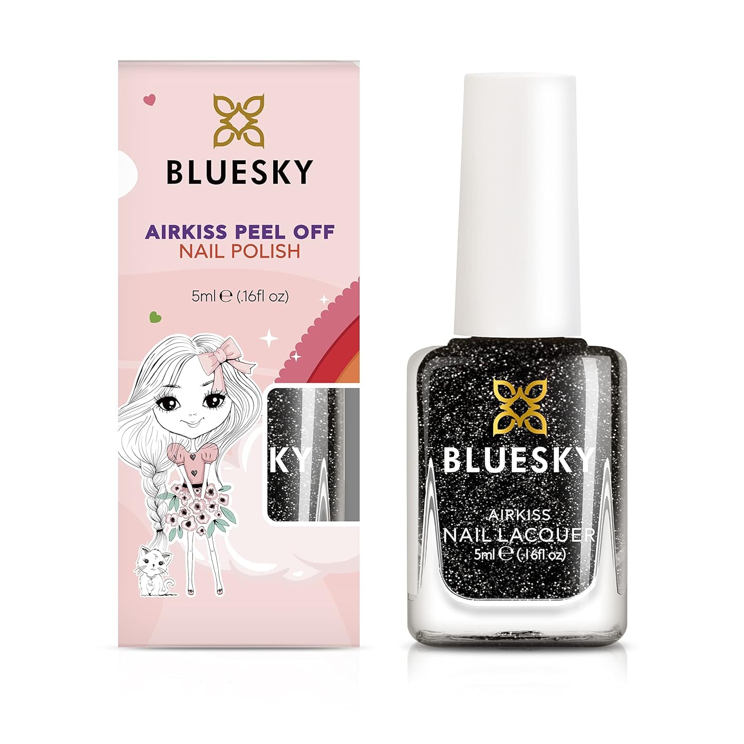 Bluesky Dětský lak na nehty - Rockstar, černé třpytky, snadno odstranitelný, netoxický, na vodní bázi, bez zápachu - lak na nehty pro děti zdarma, 5 ml, balení 1 ks