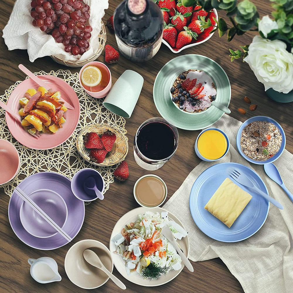 Set de tacâmuri din plastic pentru camping pentru 4 persoane, reutilizabile, indestructibile, farfurii, căni, boluri și tacâmuri ușoare, ecologice, reutilizabile, potrivite pentru cuptorul cu microunde și mașina de spălat vase