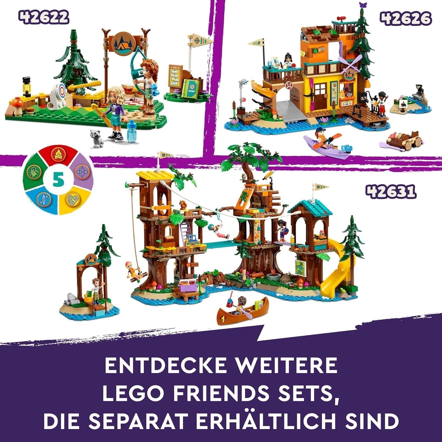 LEGO Friends Dům na stromě v dobrodružném táboře, Hrací sada pro dívky a chlapce od 8 let s 5 figurkami a 5 zvířátky, Nápad na dárek pro kreativní hry, Sportovní hračky, Dům pro panenky 42631 Stavebnice Besuche den LEGO-Store