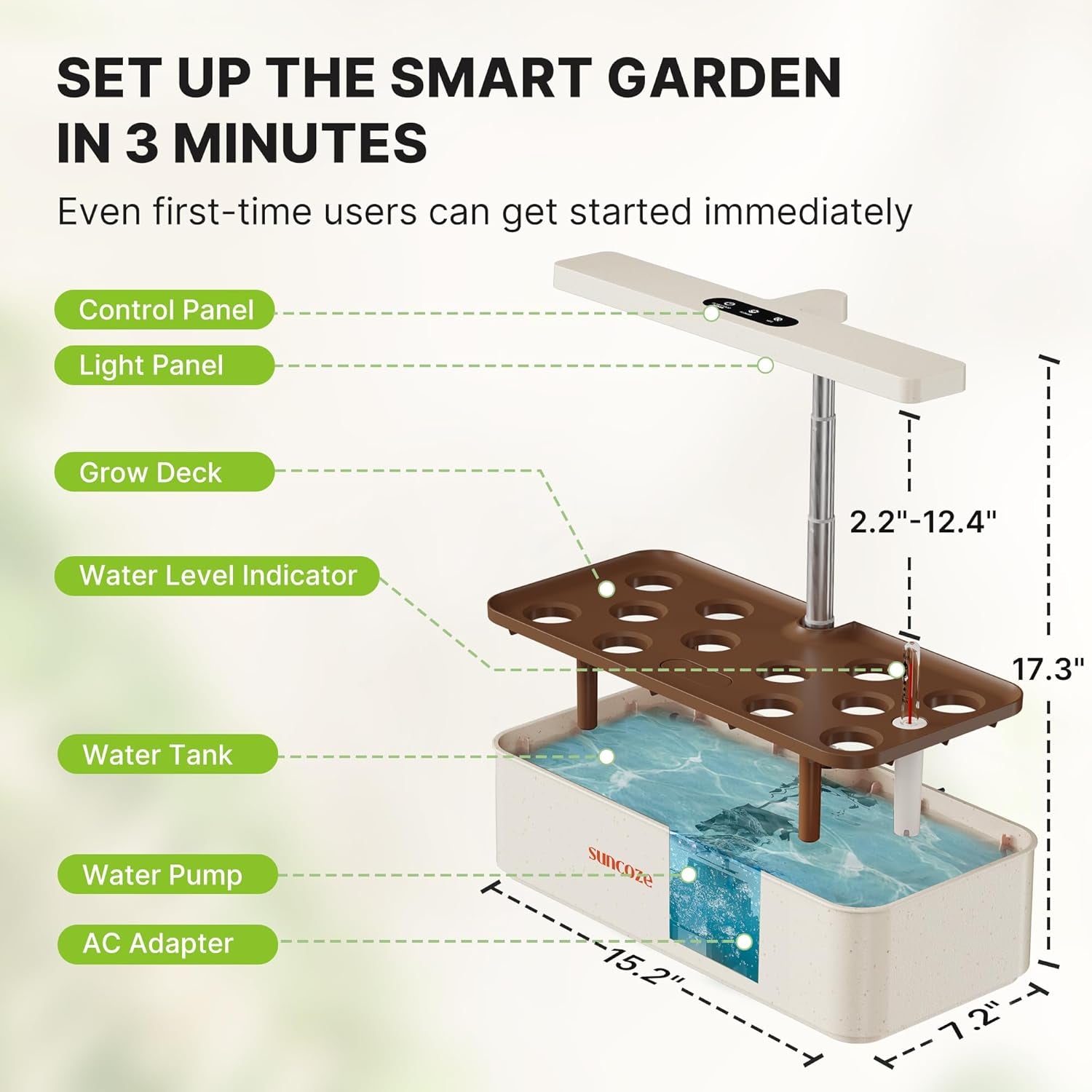 Sada 12 kapslí Hydroponic Grow System, 24W LED vnitřní zahradní lampa, 4L nádrž na vodu s tichým čerpadlem, výškově nastavitelný sázeč bylinek, sada pro vnitřní zahradničení, zahradnické dárky, béžová