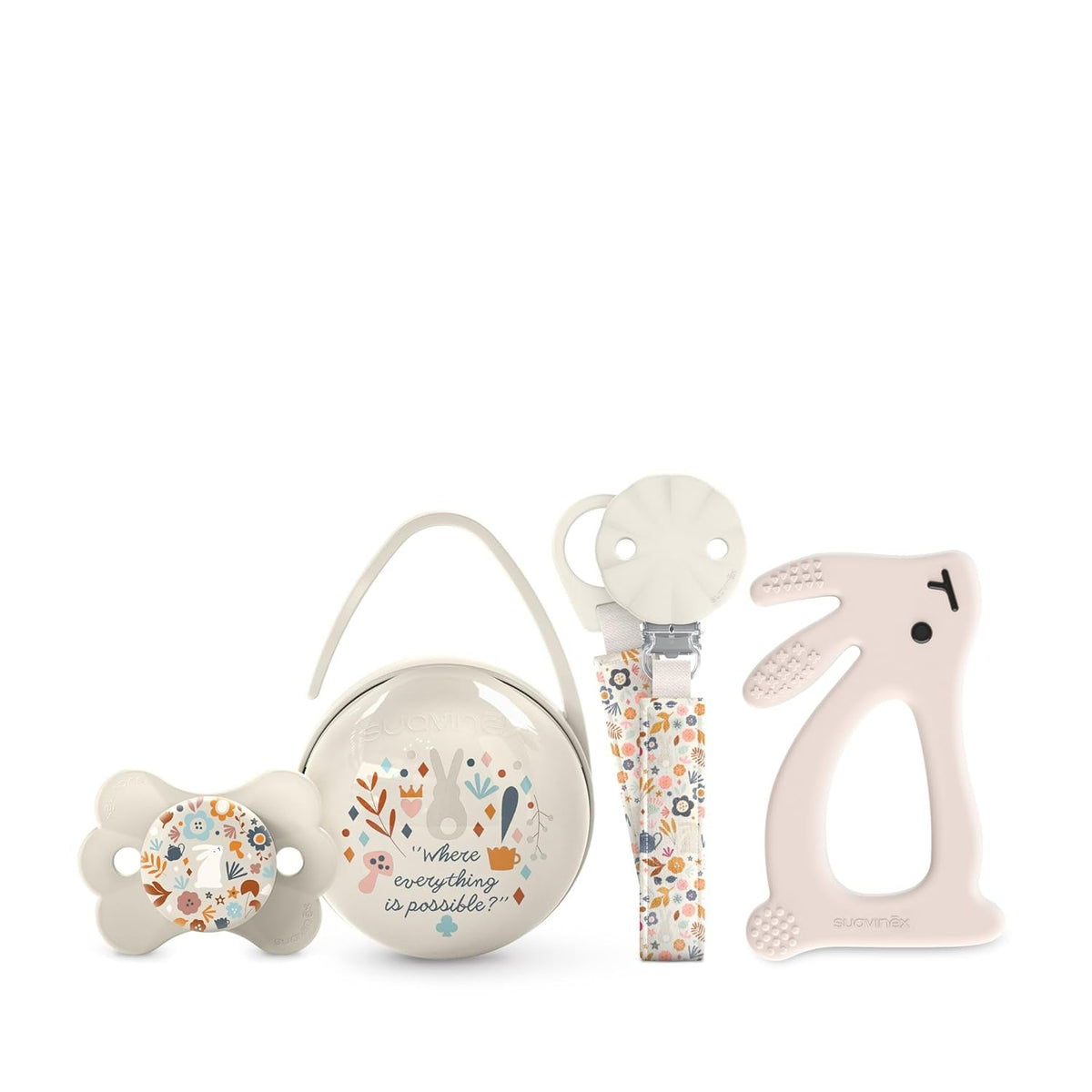 Set cadou Suavinex pentru nou-născuți. Set cu 4 piese, inclusiv: suzetă Physiological SX Pro pentru bebeluși 0-6 luni + suport pentru suzetă + husă pentru suzetă Duo + inel de dentiție din silicon. Wonderland, bej