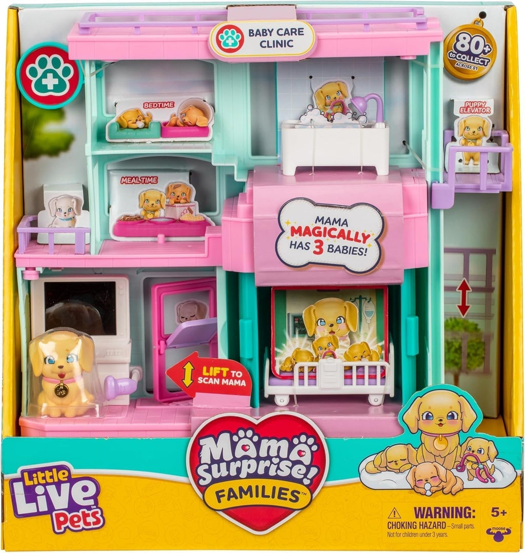 Little Live Pets Mama Surprise Families Baby Clinic Playset, 3 cățeluși Retriever incluși, Magic, Playset cu două fețe (27,8 cm lățime, 23,8 cm înălțime). Hrănire, îmbăiere și joacă, cadou pentru copii Action figures Naty Shop Titlu implicit
