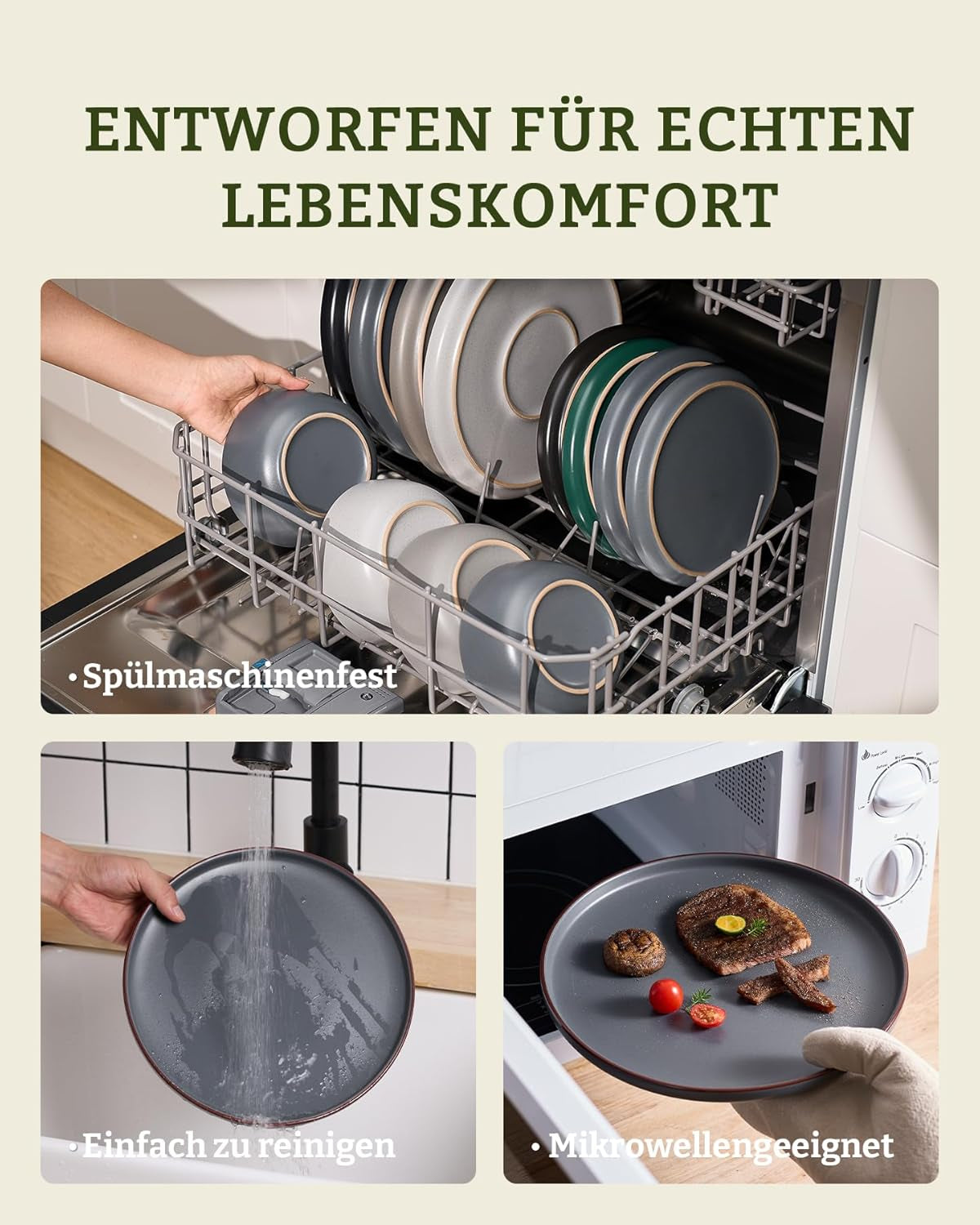 Set de veselă Mercury, set de farfurii cu 12 piese, set de veselă din gresie pentru 4 persoane cu farfurii de cină, farfurii de desert, boluri pentru cereale, potrivit pentru cuptorul cu microunde și mașina de spălat vase, gri cărbune