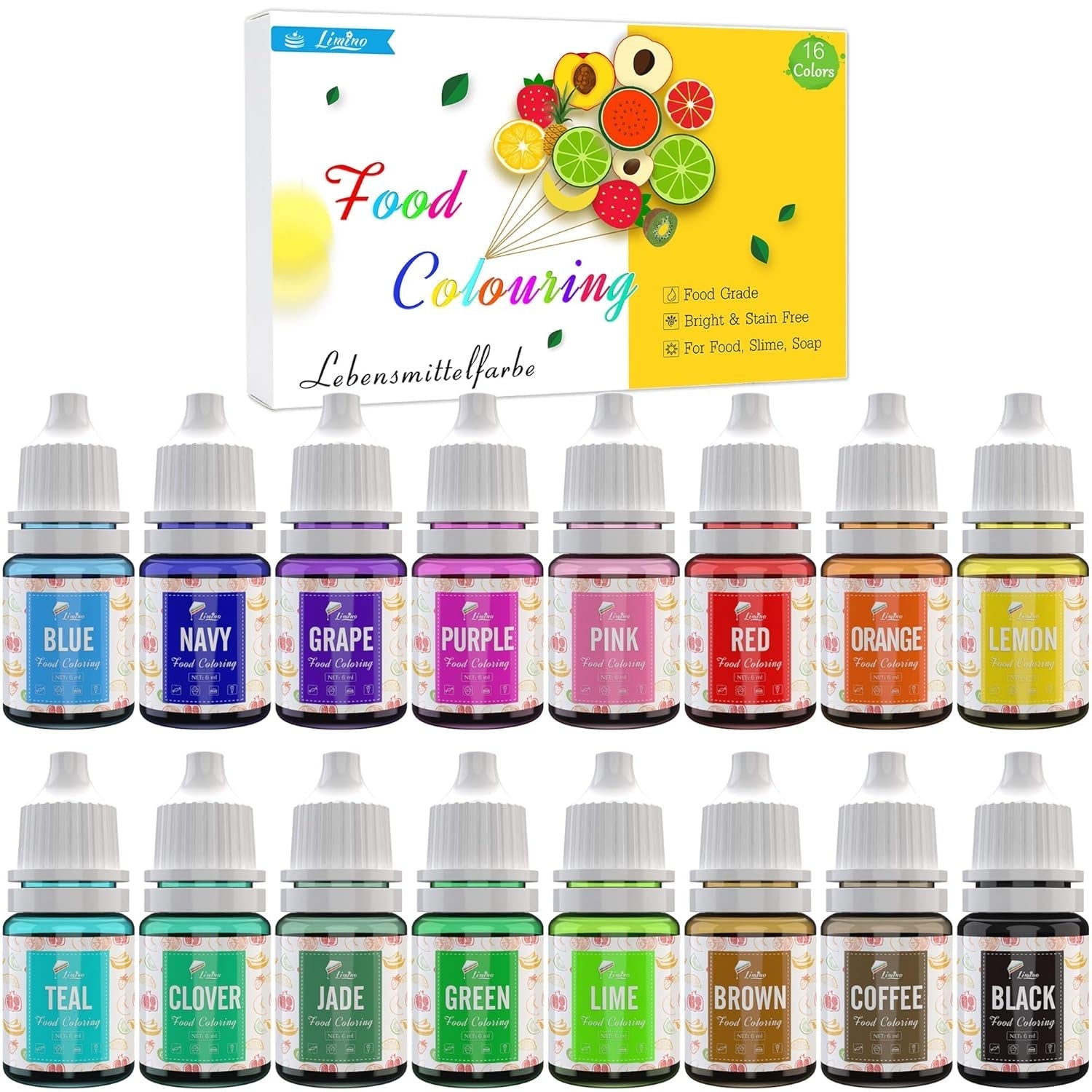 Colorant alimentar 16 culori - Coloranți alimentari lichizi pentru copt torturi, fursecuri, macaroane, fondant - Colorant alimentar vibrant pentru decorare și aerografare, gătit, săpunuri DIY - 6ml fiecare