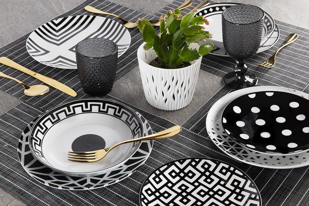 Set de veselă Excelsa Emily, porțelan, alb/negru, 18 piese
