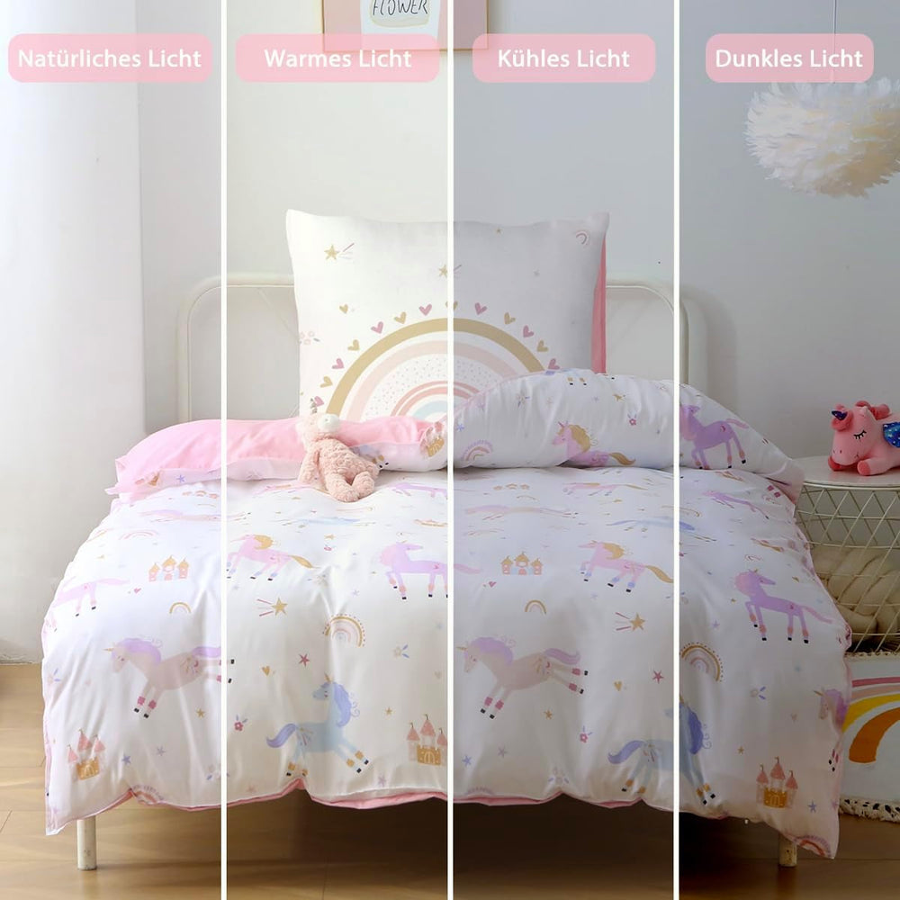 Fekohipy Bettwäsche 135X200 Mädchen Einhorn Kinderbettwäsche Rosa 3D-Druck Mikrofaser Regenbogen Kinder Bettbezug Mit Reißverschluss Und 1 Kissenbezug 80X80Cm 2-Teilige Kinderbettwäsche-Set Naty Shop