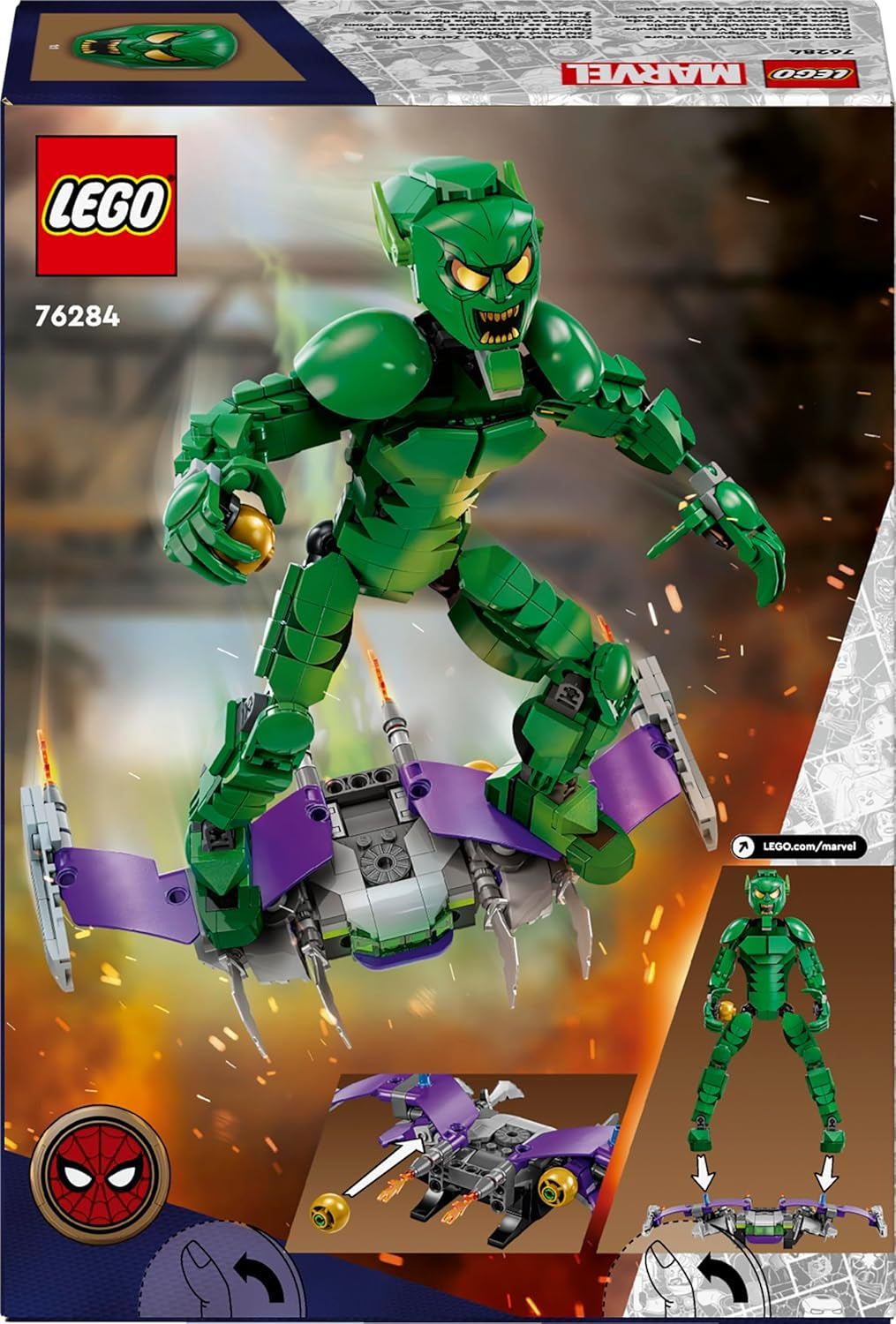 LEGO Marvel figurka zeleného skřítka, pohyblivá stavebnice Super padouch pro děti 8+, chlapci a dívky, vesmírná sada Spider-Man s posuvníky a dýňovými bombami, nápad na dárek pro superhrdinu 76284 Stavebnice Besuche den LEGO-Store