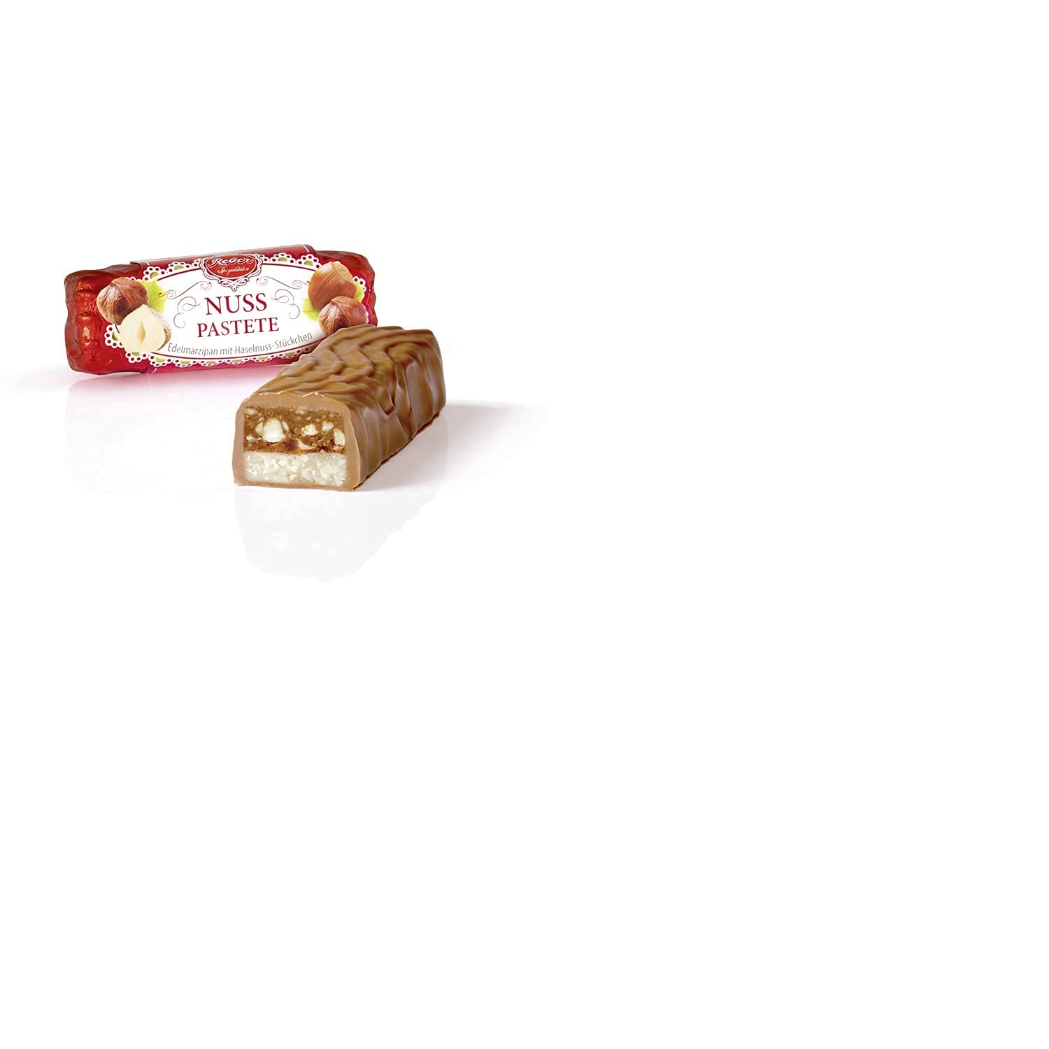 Ořechová pasta Reber, alpská mléčná čokoláda, obsahuje alkohol, nugát, lískové oříšky, rum a marcipán 49 g (balení 6 ks)