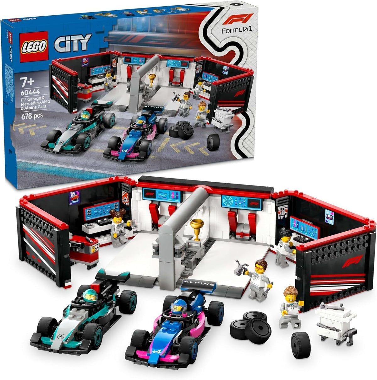 LEGO City garáž F1 se závodními auty Mercedes-Amg a Alpine – Závodní auto Formule 1 se 2 jezdci a 4 mechanickými minifigurkami – Dárek pro chlapce a dívky 7+ a fanoušky 60444 Stavebnice Beuche den LEGO-Store Výchozí název