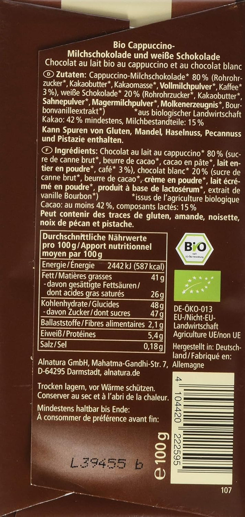 Bio čokoláda plněná cappuccinem, 100g