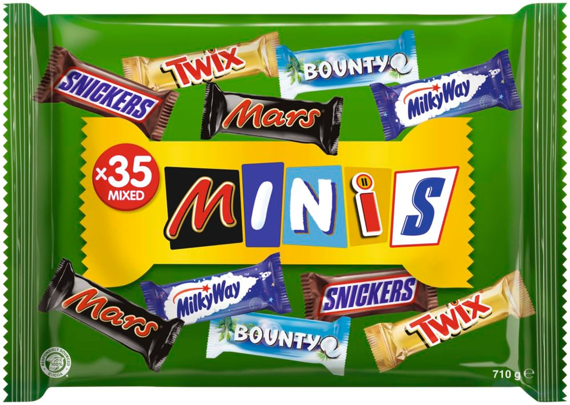 Hromadné balení mini míchané čokolády, čokoláda, 35 mini čokoládových svačin (Mars, Snickers, Bounty, Twix, Milky Way) jako sladkosti, čokoládový dárek, bonboniéra (710 g)